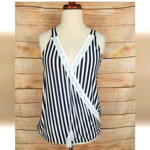 Venus Navy & White Stripe Faux Wrap Sleeveless Top Shirt Size Large